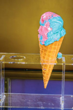 pink and blue ice cream on a cone
